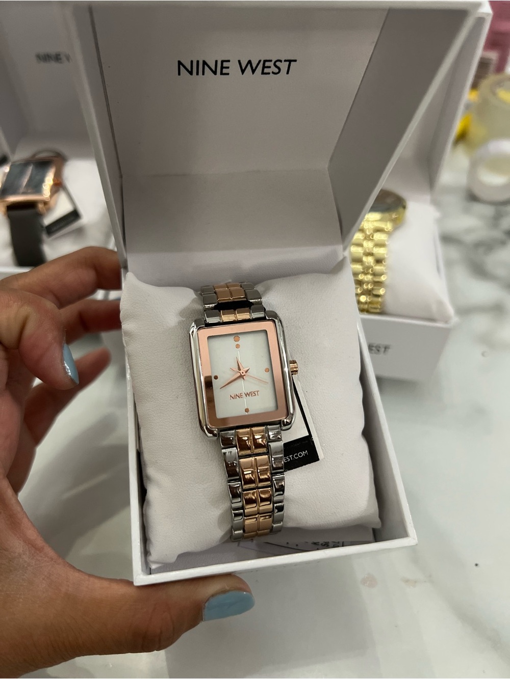 Nine West Two-Tone Rose Gold and Silver Rectangular Link Watch